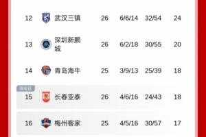 地獄難度！積分榜：新鵬城僅領(lǐng)先降級區(qū)2分，將戰(zhàn)國安+申花+蓉城