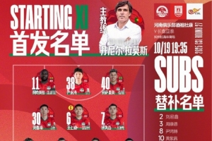 中超第27輪，河南俱樂部酒祖杜康VS長(zhǎng)春亞泰 首發(fā)及替補(bǔ)隊(duì)員名單